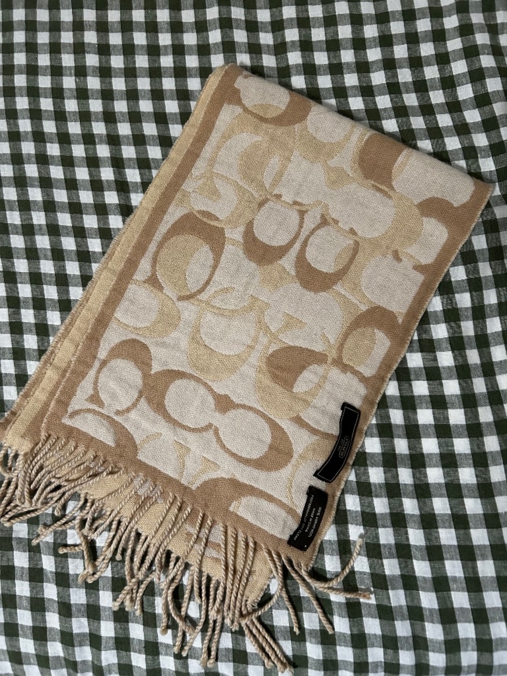 Coach Signature Reversible Muffler Cream and Tan Fringe 100% Merino Wool Scarf